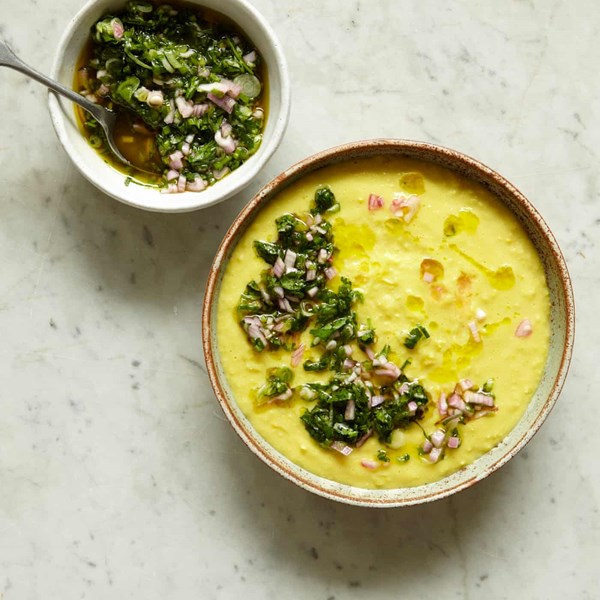 Silky sweetcorn soup with herb salsa