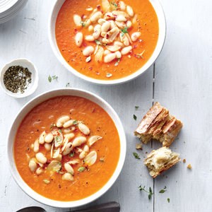 Silky tomato soup with white beans and garlic oil