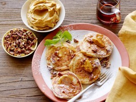 Silver dollar buttermilk-pecan pancakes with bourbon molasses butter