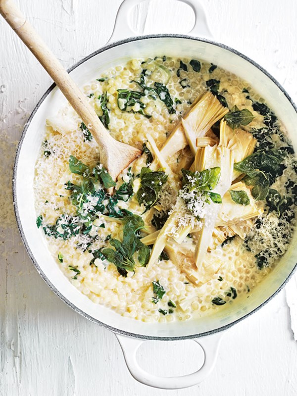 Silverbeet and artichoke Israeli couscous risotto