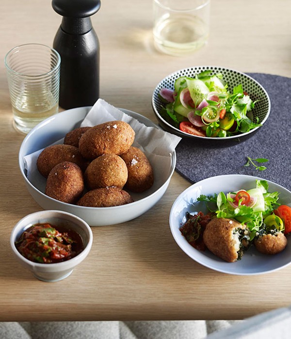 Silverbeet and feta kibbeh with kasundi