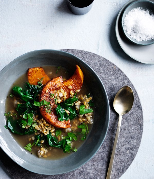 Silverbeet, pumpkin and farro broth