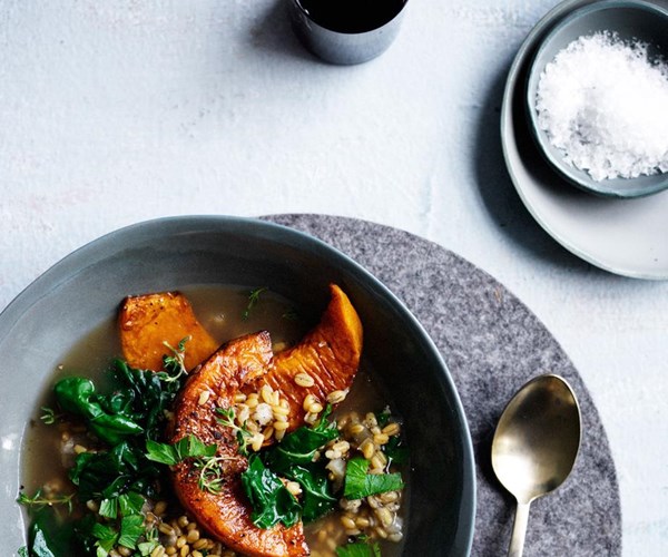 Silverbeet, pumpkin and farro broth