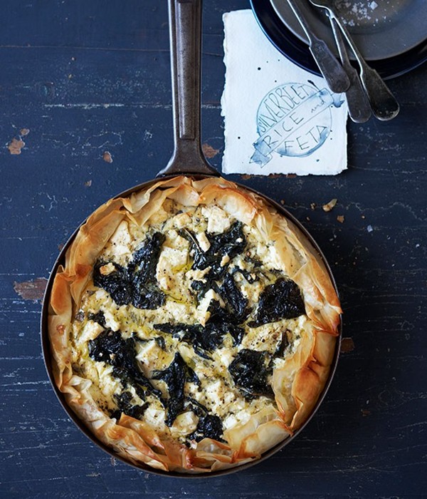 Silverbeet, rice, feta and fillo tart