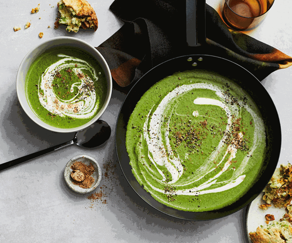 Silverbeet soup with colcannon potato bread