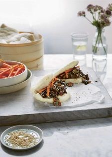Simple bao buns with hoisin aubergine and quick pickled carrots