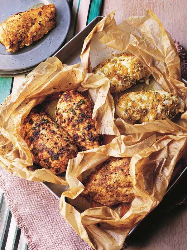Simple chicken parcels three ways: thyme, lime, cumin & pul biber