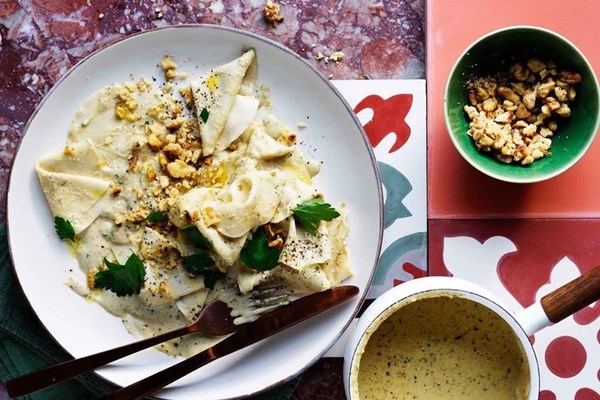 Simple corzetti with spiced walnut sauce