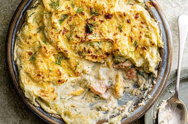 Simple fish & prawn pie with lemony spinach