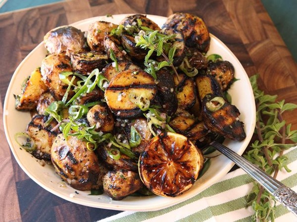 Simple grilled potato salad with grilled lemon vinaigrette