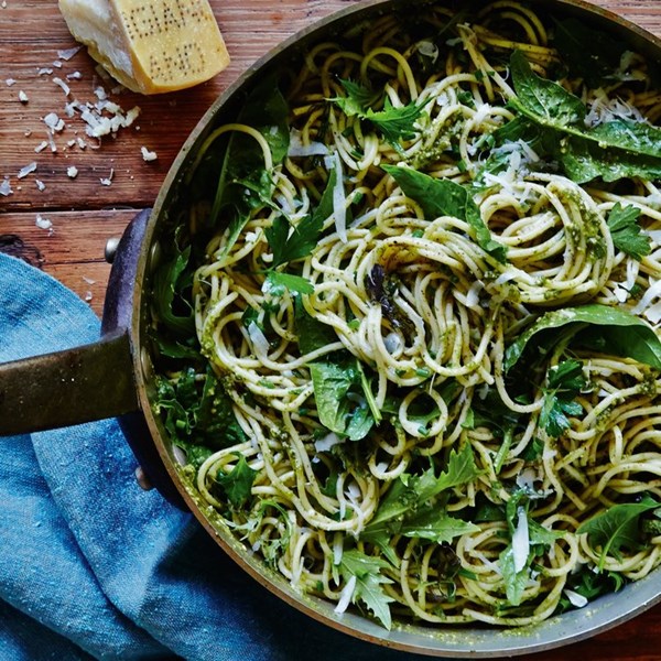 Simple herb spaghetti with greens, pesto and Parmesan