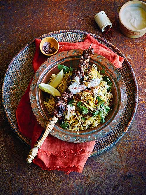 Simple lamb brochettes with saffron pilaf