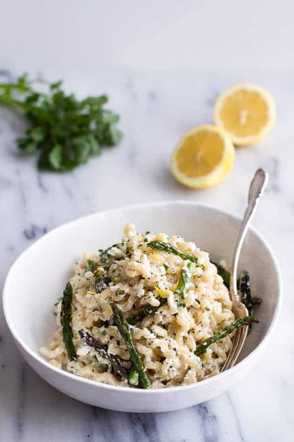 Simple lemony feta and mascarpone pasta with grilled asparagus