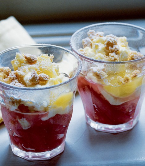 Simple roasted rhubarb and lemon curd pots