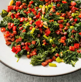 Simple sautéed kale with crispy pepperoni and cherry peppers