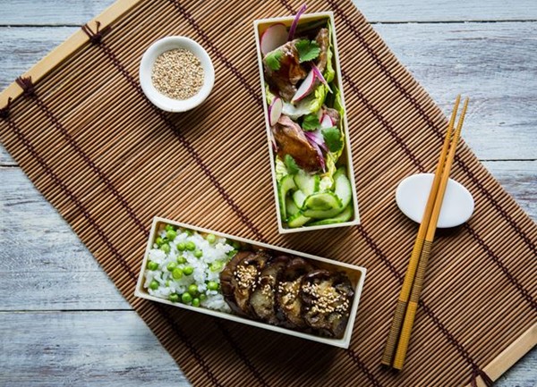Simple steak teriyaki and miso aubergine bento box