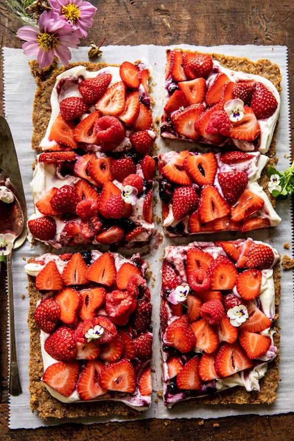 Simple strawberry and cream rye pretzel tart