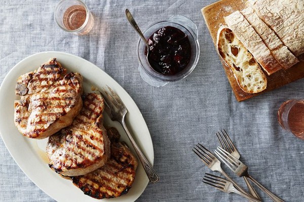 Simple summer Pork chops with balsamic-pepper plum reduction and fresh thyme