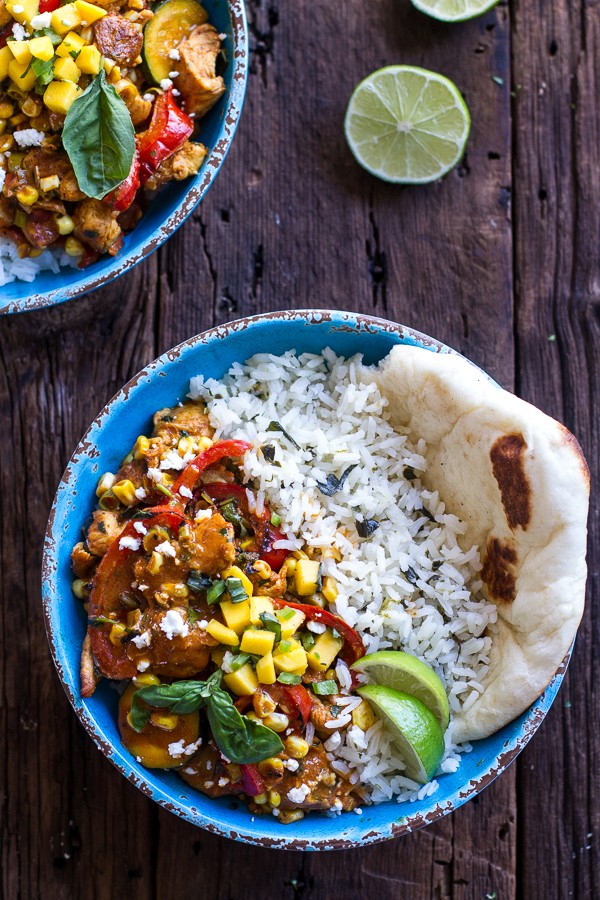 Simple summertime basil chicken curry with coconut ginger-lime rice