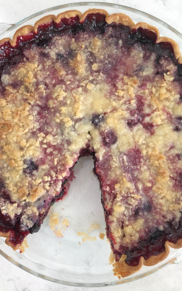 Simple three berry pie with crumb topping