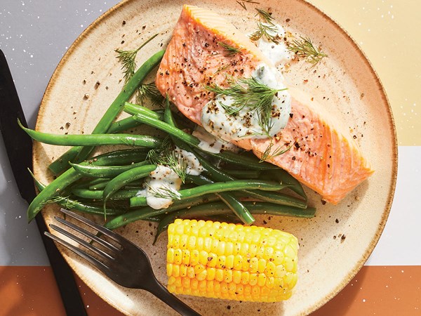 Simply steamed salmon and corn with dill yogurt