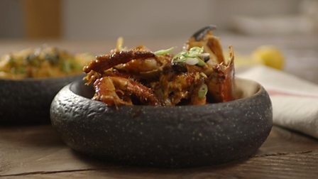 Singapore chilli crab with egg noodles