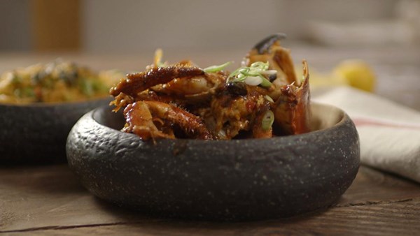 Singapore chilli crab with egg noodles