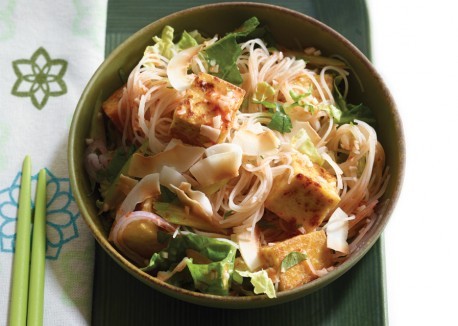 Singapore hawker noodles with golden tofu and coconut
