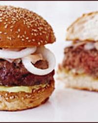 Sirloin burgers with wasabi mayo and ginger-pickled onions
