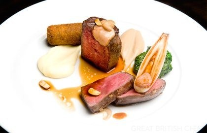 Sirloin of beef with braised oxtail, mushroom purée and spinach