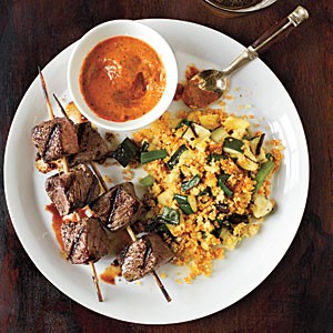 Sirloin skewers with grilled vegtable couscous and fiery pepper sauce