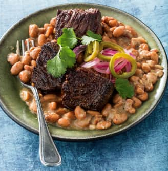 Sirloin steak tips with charro beans