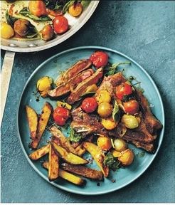 Sirloin steak with balsamic tomato butter sauce & chips