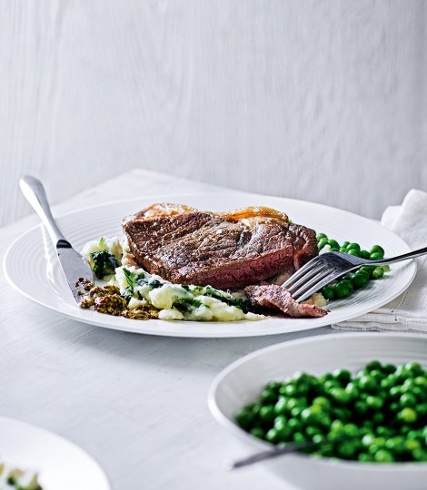 Sirloin steak with potato, kale and celeriac mash