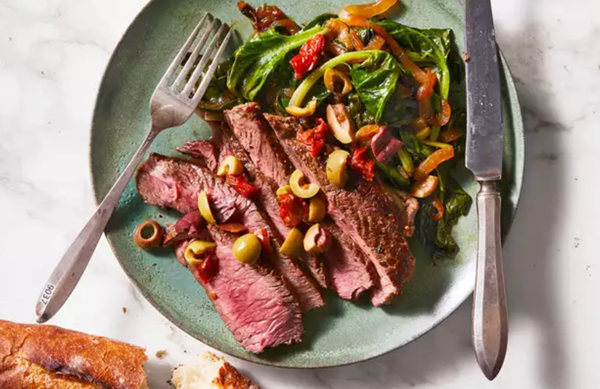 Sirloin steak with spinach and onions