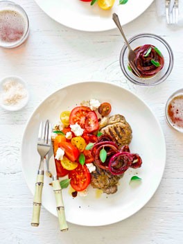 Sirloin steaks with tomato, ricotta and quick onion pickle