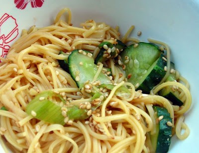 Six flavor summer somen salad with cucumber and green onion