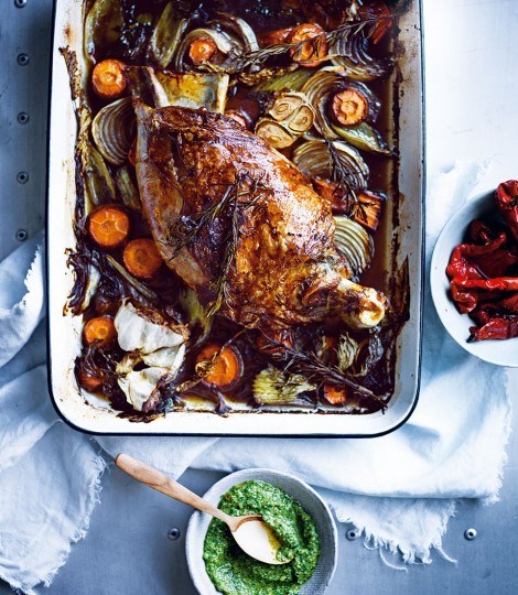 Six-hour slow-roasted lamb shoulder with charred red peppers and rosemary gravy