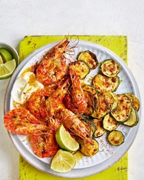 Sizzling chilli & lime prawns with fried courgettes