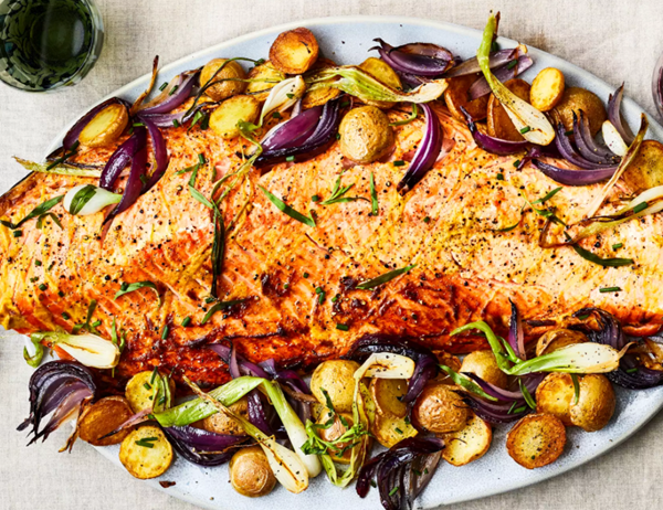 Sizzling garlic salmon with sheet pan potatoes