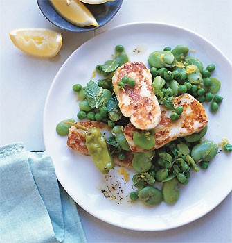 Sizzling halloumi cheese with fava beans and mint