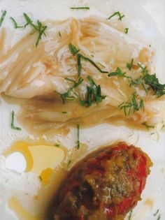 Skate jelly with aubergine and pepper compote