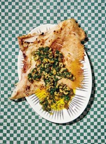 Skate wing in super-green garlic, caper and olive sauce