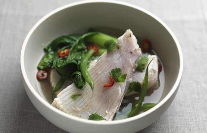 Skate wings poached in miso and ginger with chilli and coriander
