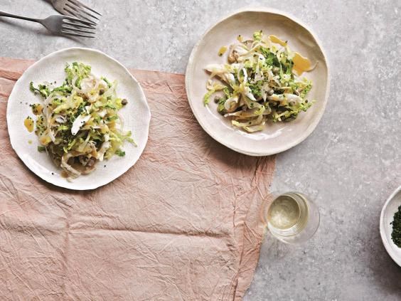 Skate wings with baby gem and smoked anchovy dressing