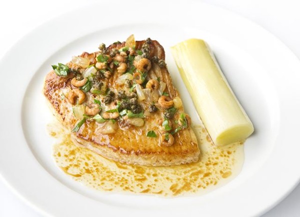 Skate wings with braised leeks and shrimp beurre noisette
