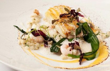 Skate with barley risotto, prawns and Sauternes sauce