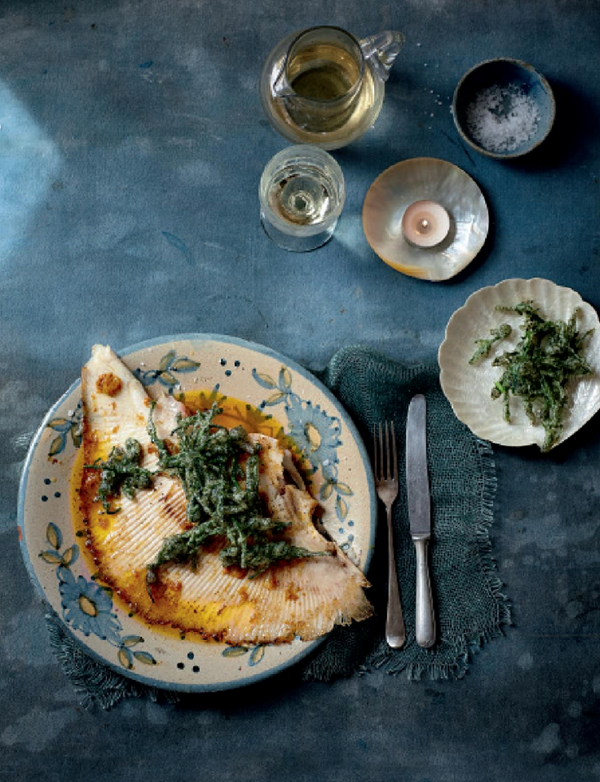 Skate with lime pickle brown butter, tempura samphire and nori