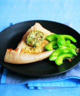 Skate with sautéed cucumber and mustard, lemon and hazelnut butter