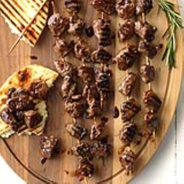 Skewered lamb with blackberry-balsamic glaze